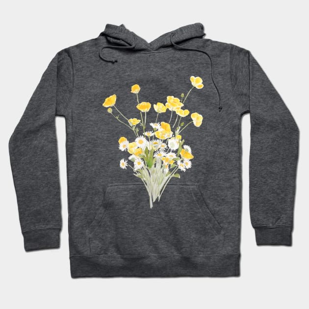 yellow buttercup and white daisy flowers bouquet ink and watercolor Hoodie by colorandcolor